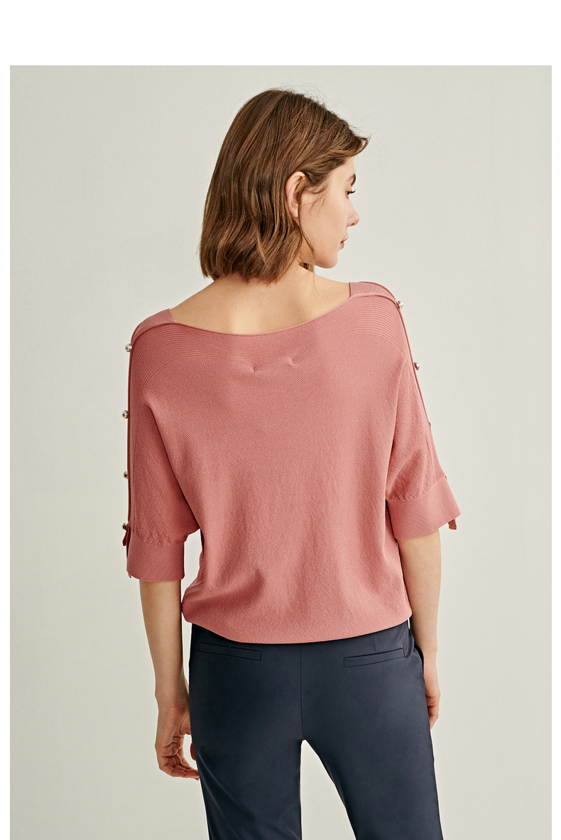 朗姿雾霾粉刺绣冰丝针织夏薄款一字肩宽松上衣女设计感小众 雾霾粉色