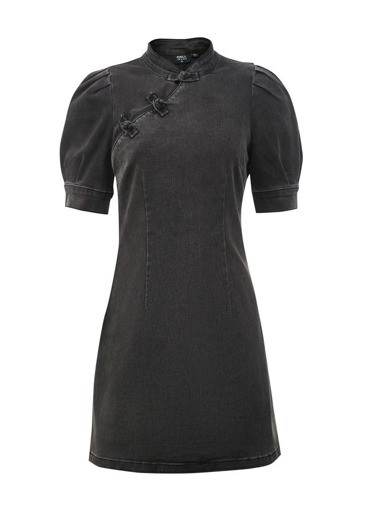 春季新款修身国风短款显瘦旗袍牛仔连衣裙女121242008 j09 深牛仔灰色