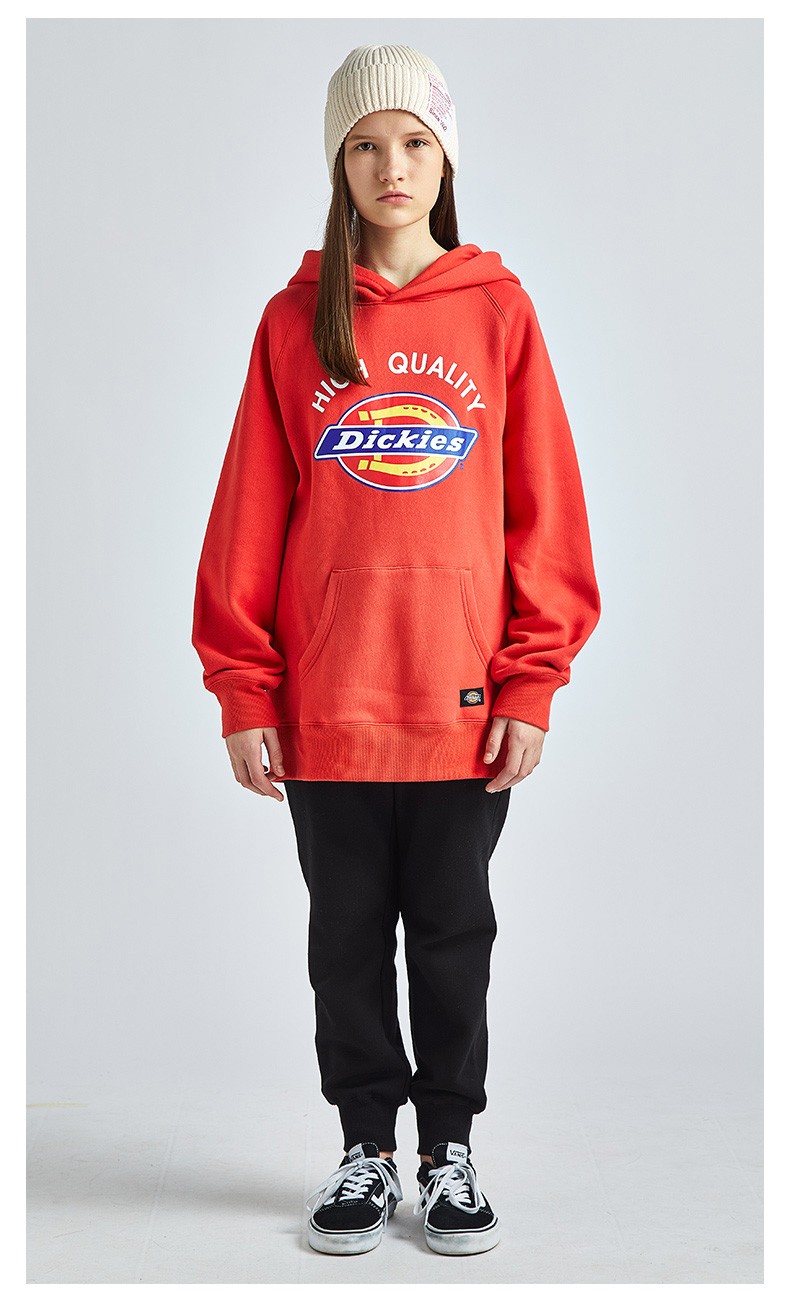 dickies童装冬新款潮logo印花宽松连帽卫衣加厚保暖抓绒套头衫浆果红