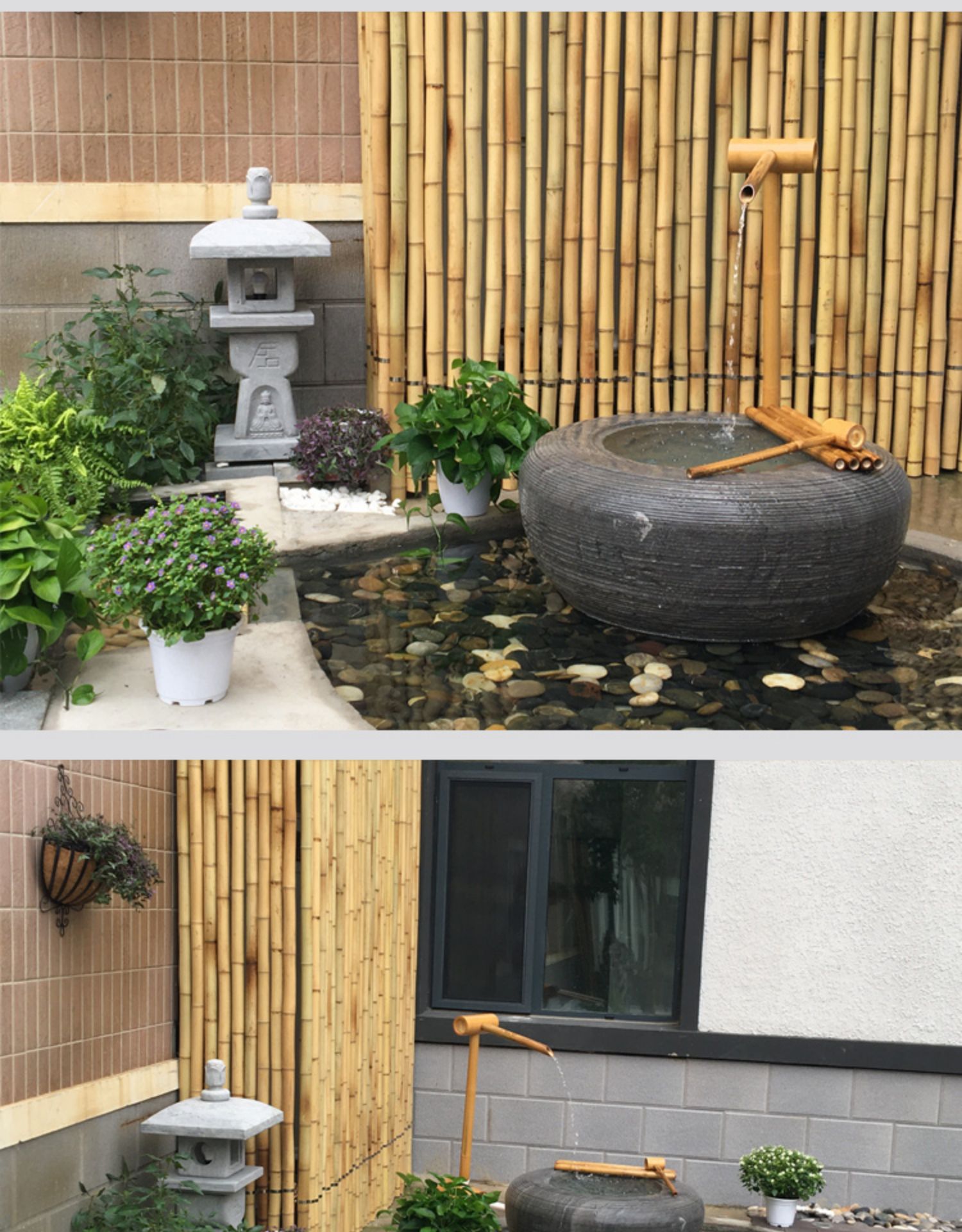 日式石钵庭院禅意水景枯山水花园惊鹿器石盆户外石缸流水石头水钵 盆