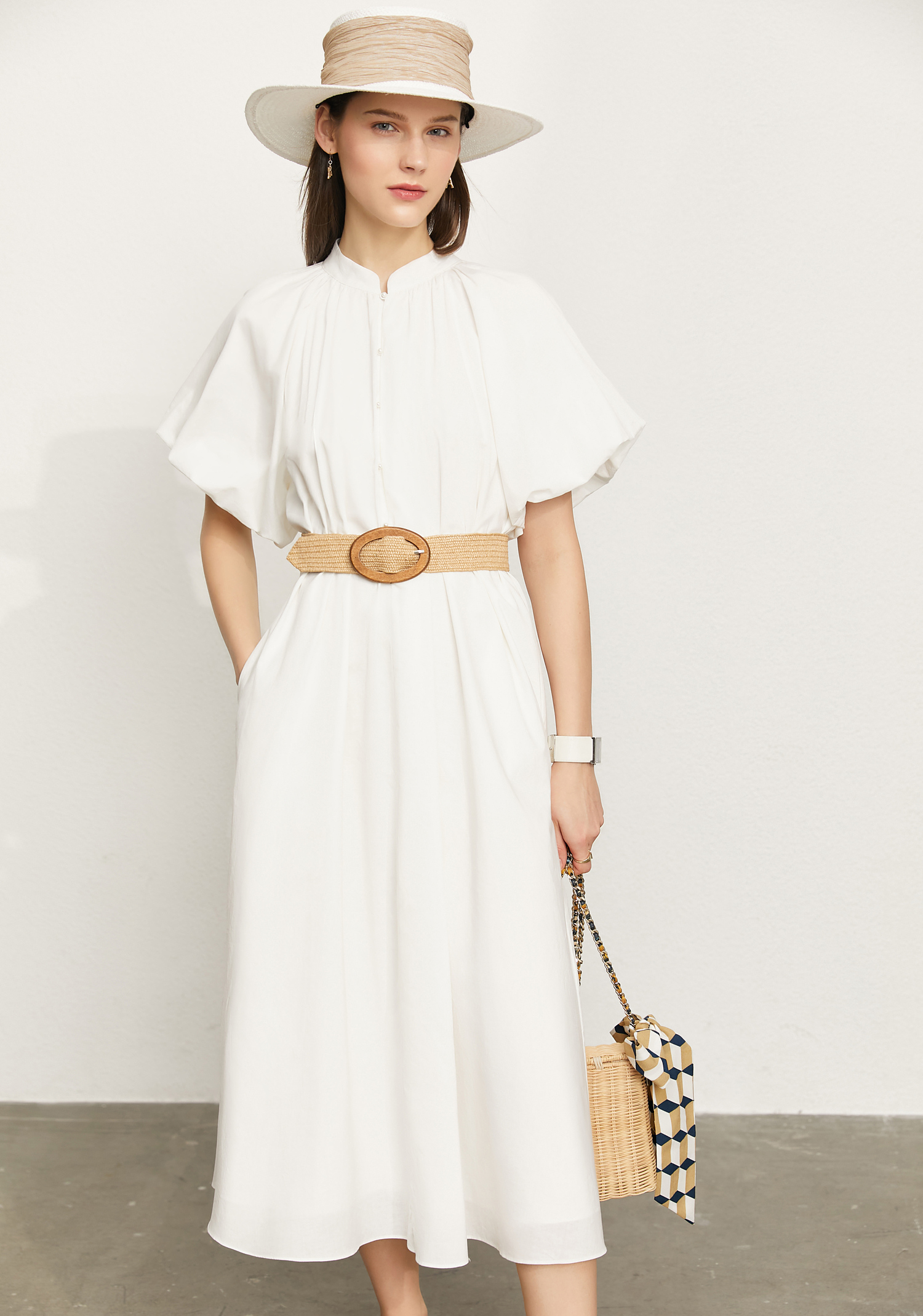 amii极简法式浪漫宫廷风全棉配腰带连衣裙2021夏季新款泡泡袖裙子 米