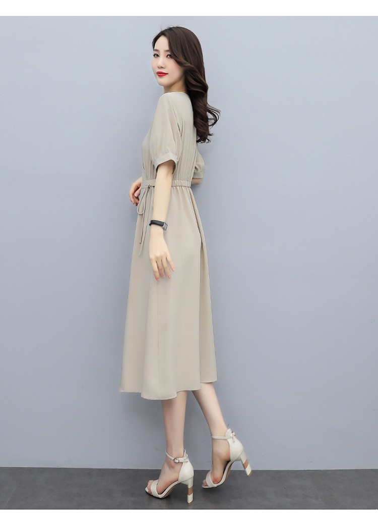 2021夏季新款时尚优雅气质v领系带收腰显瘦连衣裙 黑色 l