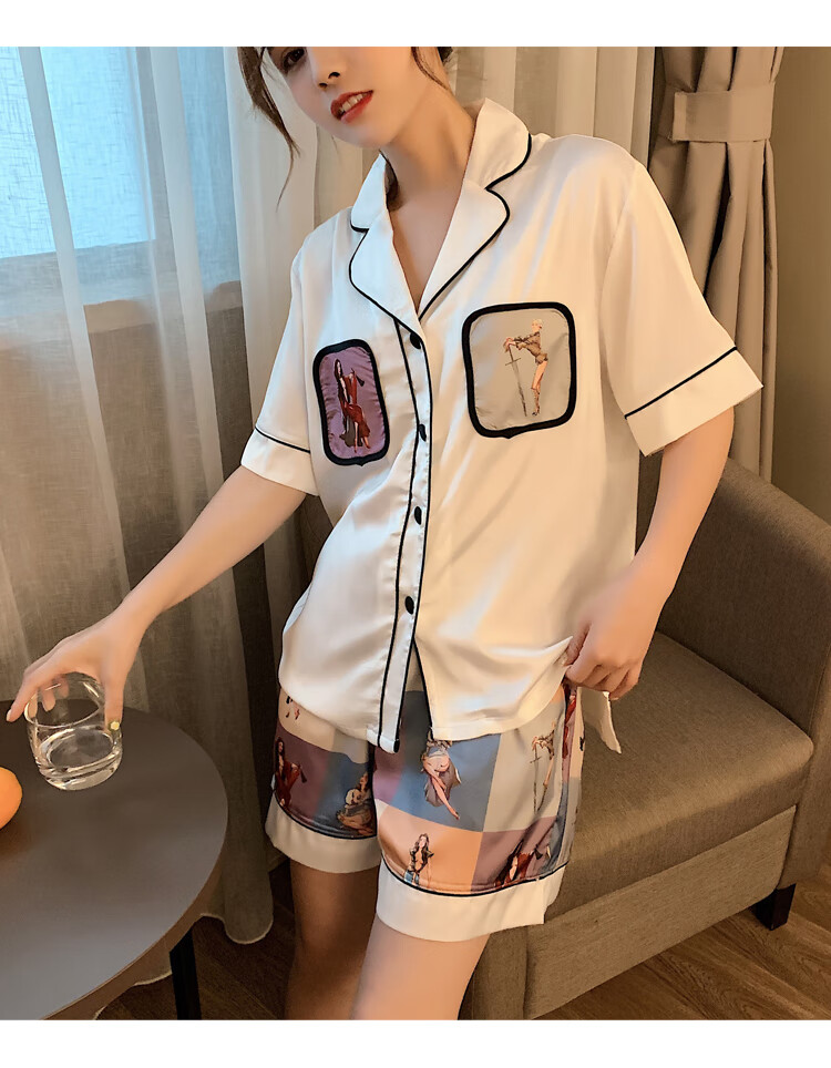 睡衣女夏季短袖套装仿真丝绸薄款开衫ins抖音同款家居服网红名媛白女