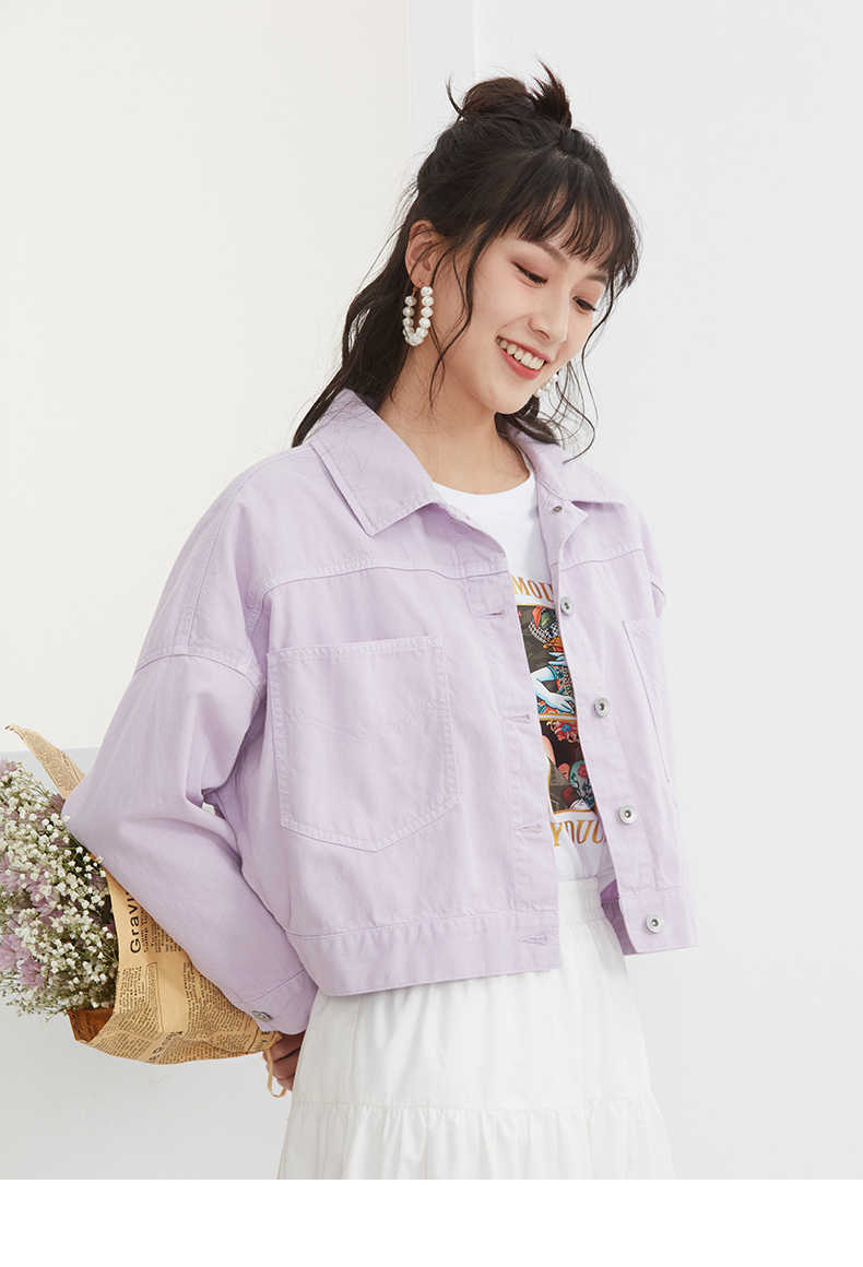 热风2021年春季新款女士时尚短款牛仔外套f07w1502 11紫色 s