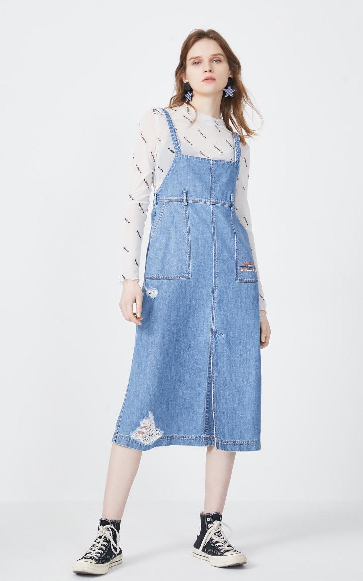 only2020夏季新款高腰a字中长款开叉牛仔背带半身裙女120237513 j19黑