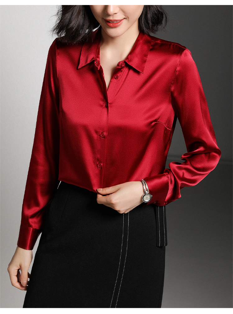 衬衫女2021春夏新品重磅桑蚕丝长袖翻领纯色气质百搭衬衣k21158红色m