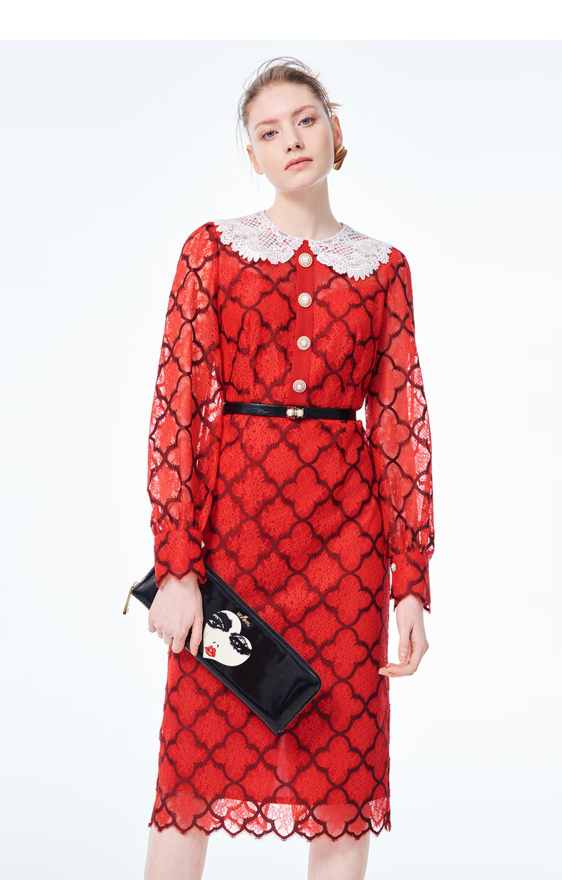 8新品】芭蒂娜红色中长裙2021春新款时尚蕾丝高腰显瘦娃娃领新年