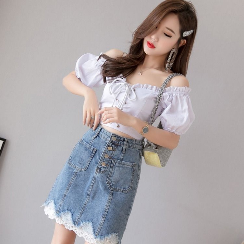 筱姆半身裙子女士夏季 蕾丝边牛仔短裙女2019春夏新款韩版高腰字裙