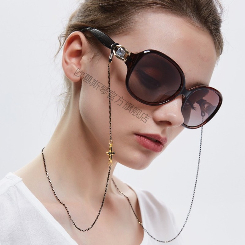 纯手工四叶草链眼镜复古时尚挂脖老花墨镜链子老花眼镜链 黑色