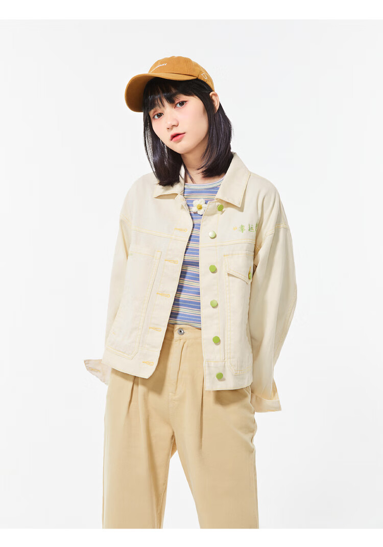 【幸运鹅】乐町牛仔外套2021春季新款三色炸街甜趣短外套女宽松 米白
