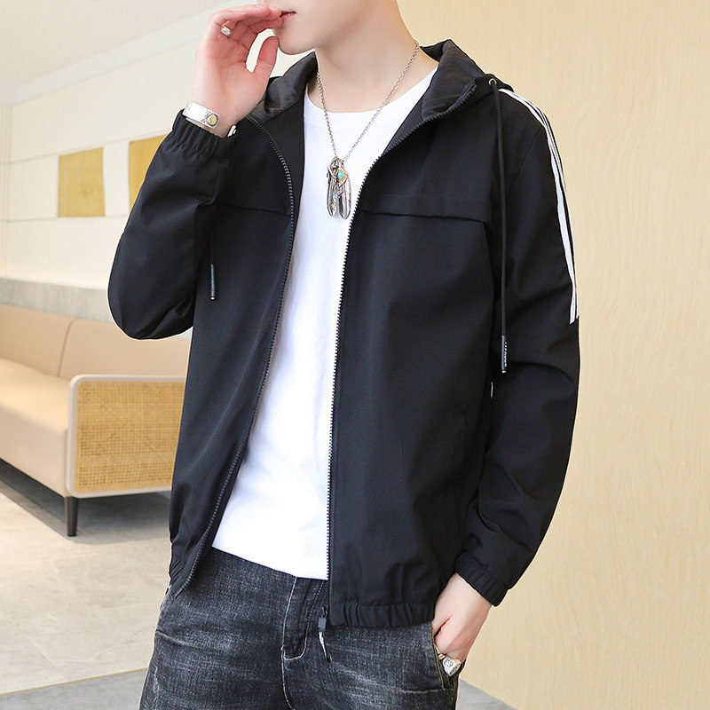 男士牛仔单衣外套加绒带帽子宽松男春秋男装休闲夹克上衣601蓝白m