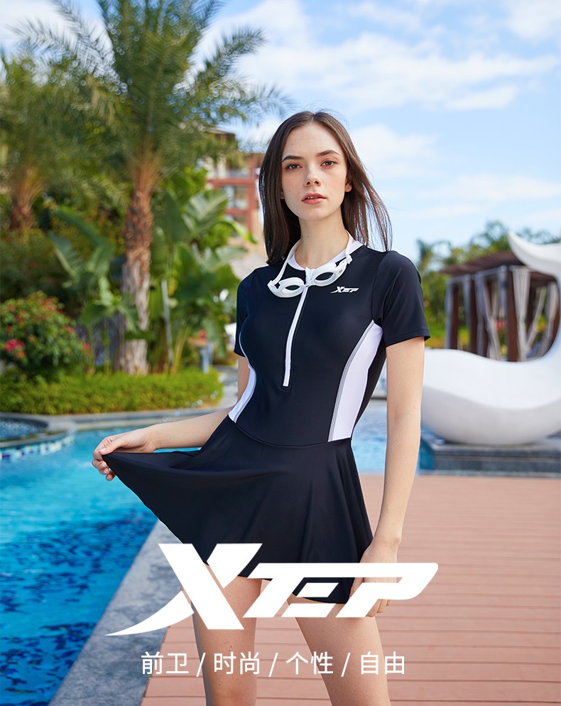 特步泳衣女2022年新款连体女泳裙子保守遮肚防露泡温泉游泳大码显瘦