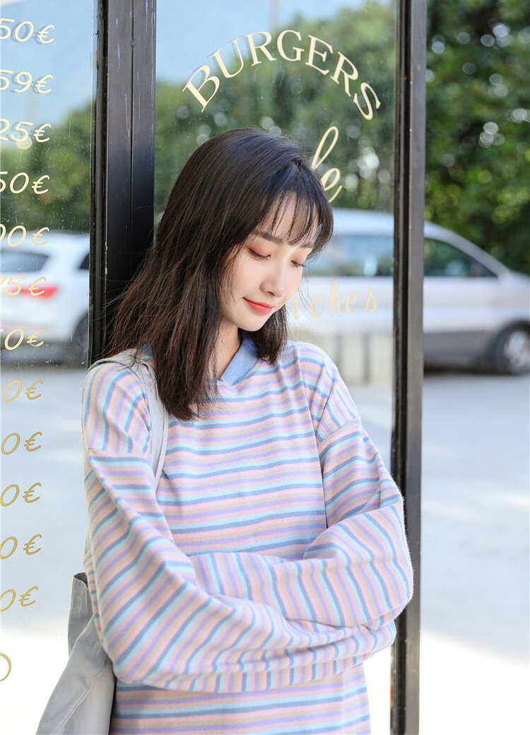 少女春秋装2021新款初中学生女生高中生大学生韩版宽松百搭条纹上衣服
