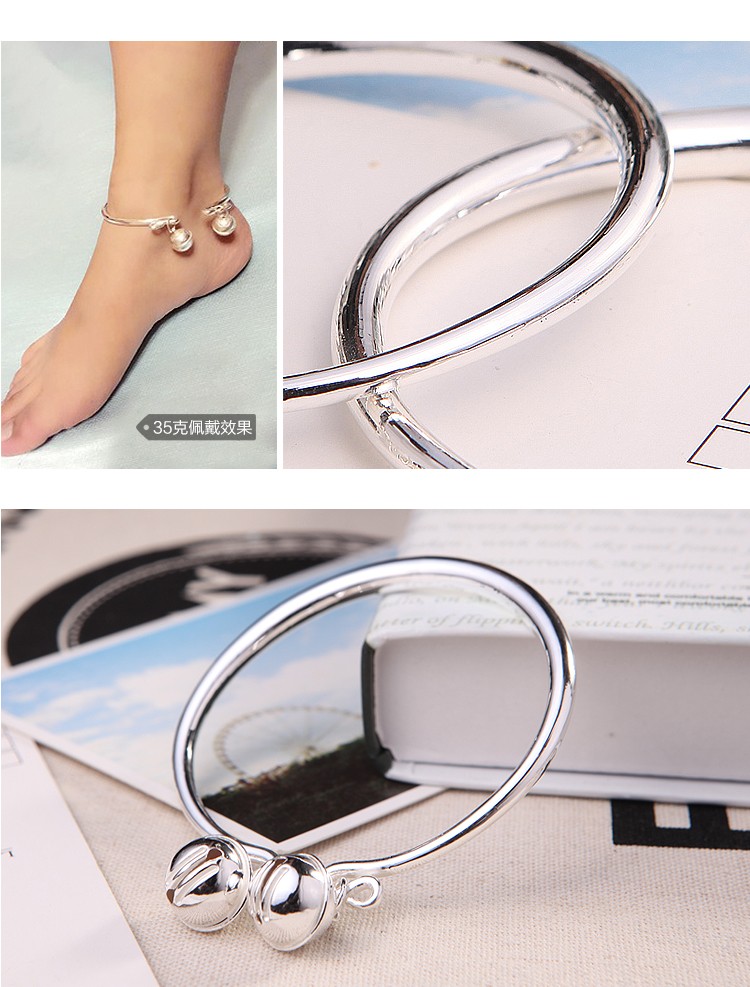 手工银脚镯刻字铃铛实心成人脚环开口可调节送女友妈妈精品 铃铛脚镯