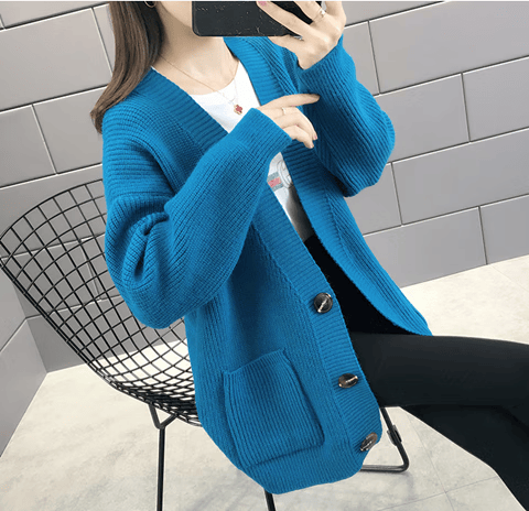 秋冬针织开衫毛衣外套女时尚休闲百搭加厚宽松外套女装上衣 湖蓝色 m