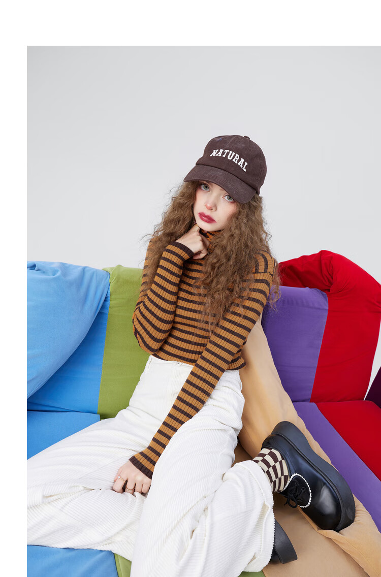 新款妖精的口袋莫代尔条纹高领打底衫针织衫女2021秋冬内搭潮红色条纹