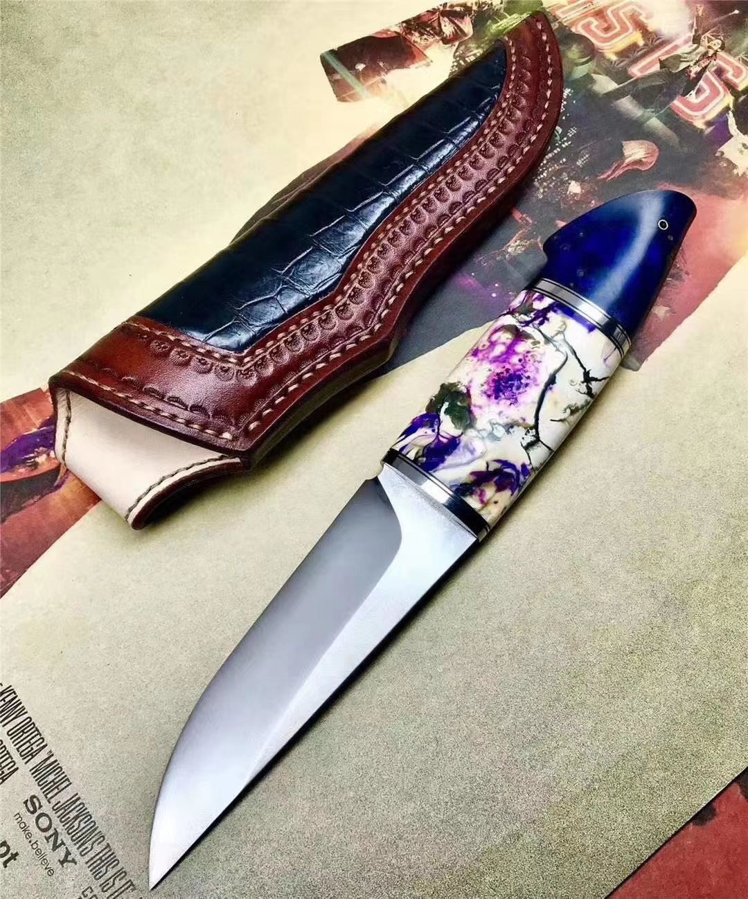 硕哥乌兹钢大马北欧小直刀猛犸臼齿牙乌兹钢大马士革钢刀酸洗灰白纹