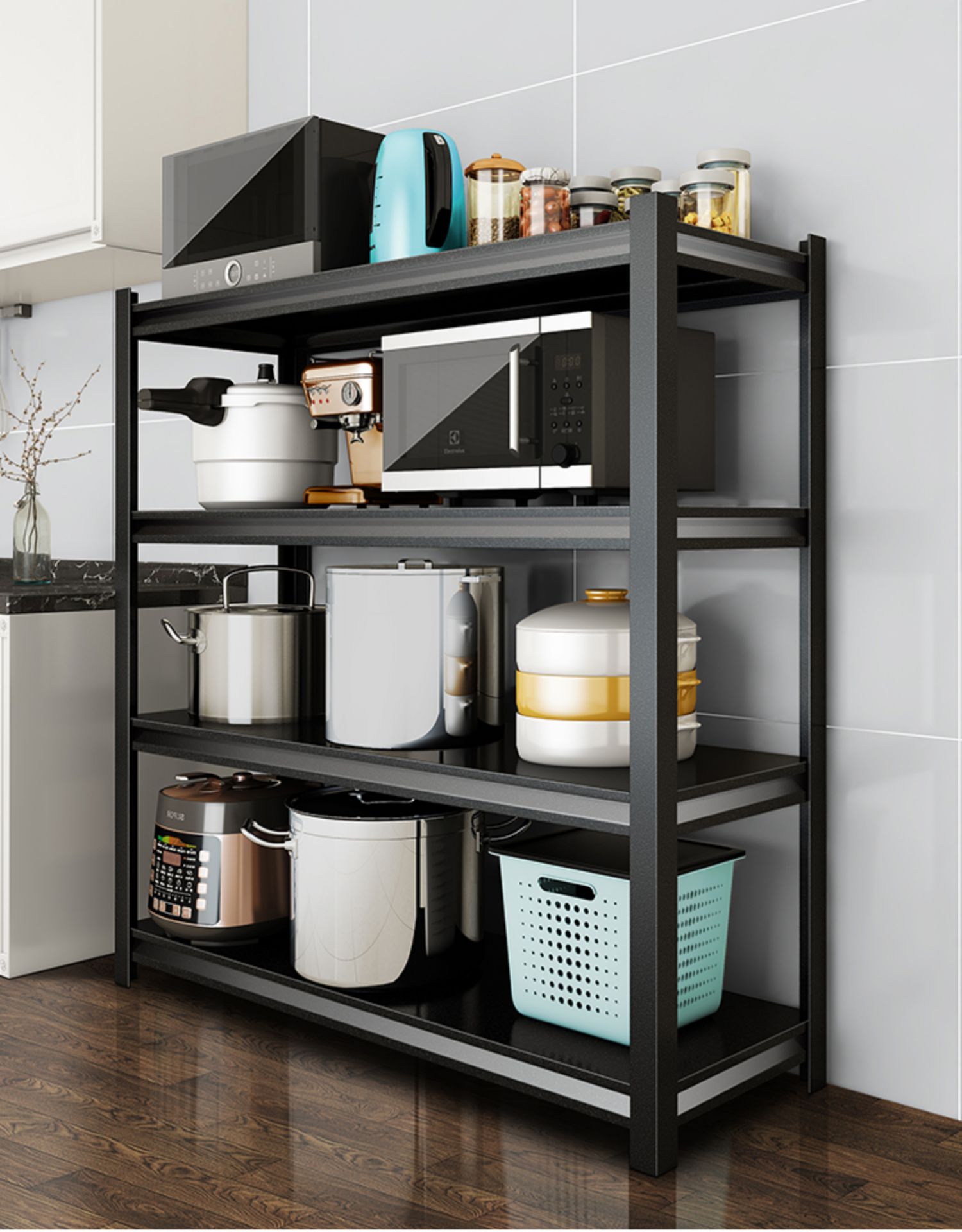 米詅 厨房碳钢置物架落地多层黑色烤漆不锈钢微波炉烤箱放锅架子收纳