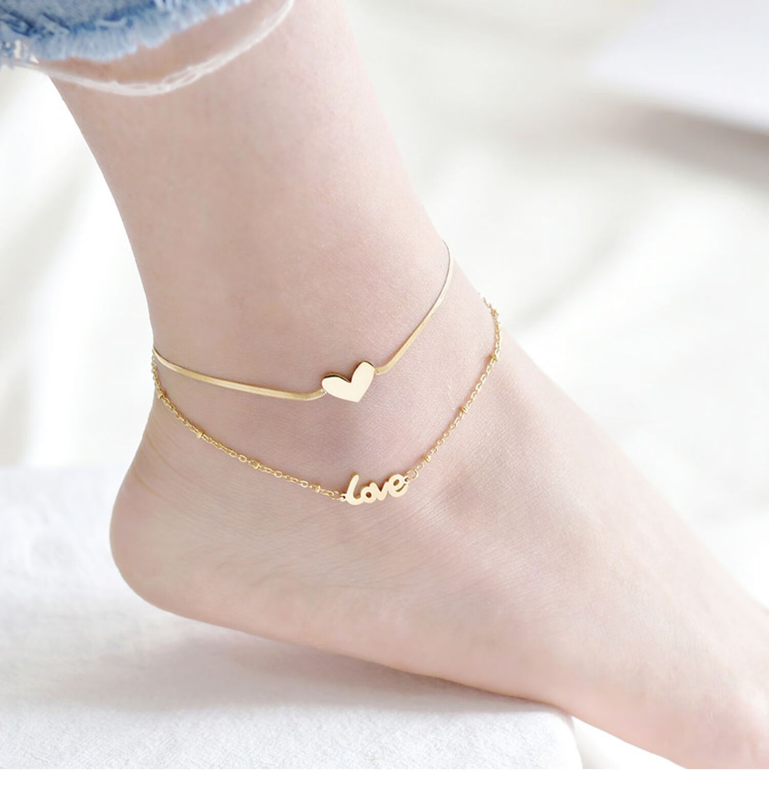2021年新款潮双面钛钢双层爱心脚链女百搭简约脚饰金色小熊b款