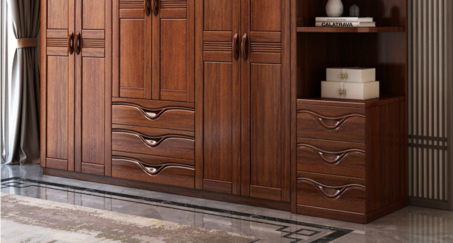 广东佛山实木衣柜 金丝胡桃木家用卧室衣柜大容量全实木出租屋经济型