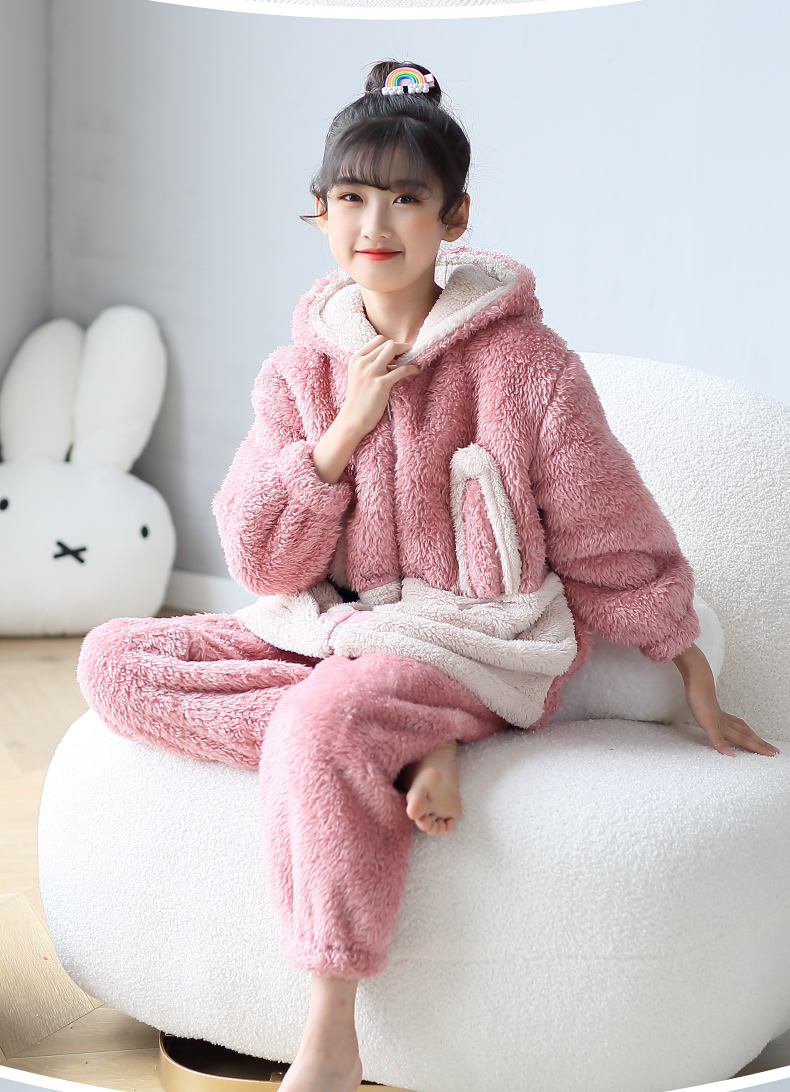 噜噜牛儿童珊瑚绒睡衣秋冬季大童卡通连帽冬款法兰绒加厚保暖女童家居