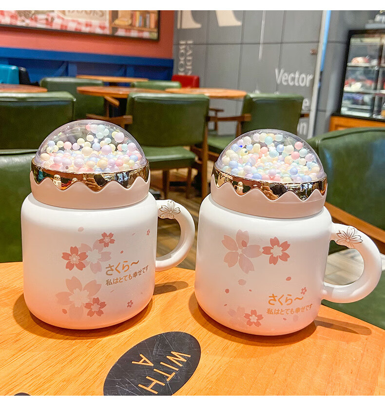 日系樱花镜面粉嫩少女心陶瓷杯简约高颜值网红水杯创意伴手礼杯子6朵