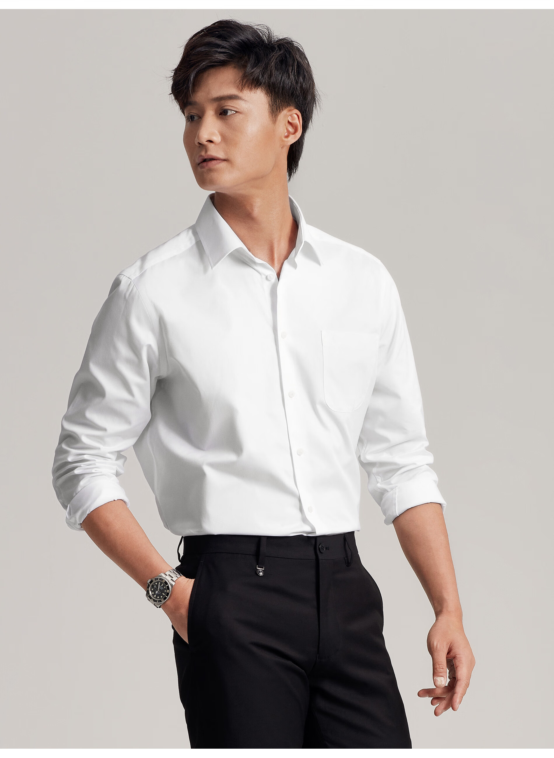 金利来官方直发2021秋季新款男士棉中八领纯色商务正装长袖衬衫白色00