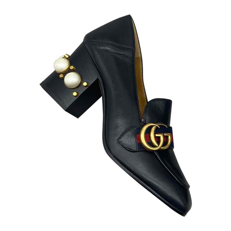 gucci/古驰 经典黑色marmont 珍珠鞋跟女士高跟鞋at425943 cqxm0 1061