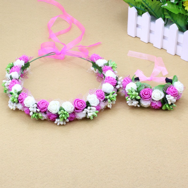 韩式玫瑰花环头饰新娘伴娘花童写真发饰度假拍照道具双排半圆发箍奶白