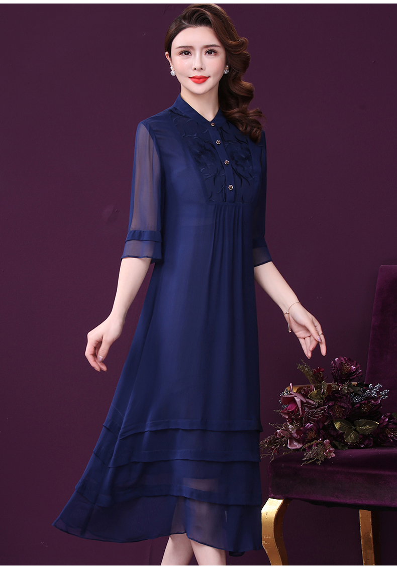 王小鸭阔太太双绉杭州真丝连衣裙女2021春新款宽松手工刺绣藏青l