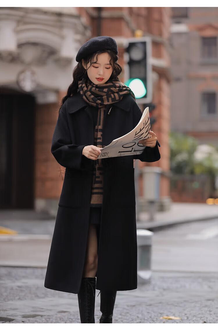 玲玖黑色双面羊绒大衣女冬过膝小个子中长款羊毛呢子高端毛呢外套橦华