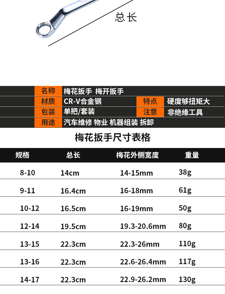 梅花扳手 双头扳手梅花两用扳手汽修板手梅花套筒 扳手工具8-10mm