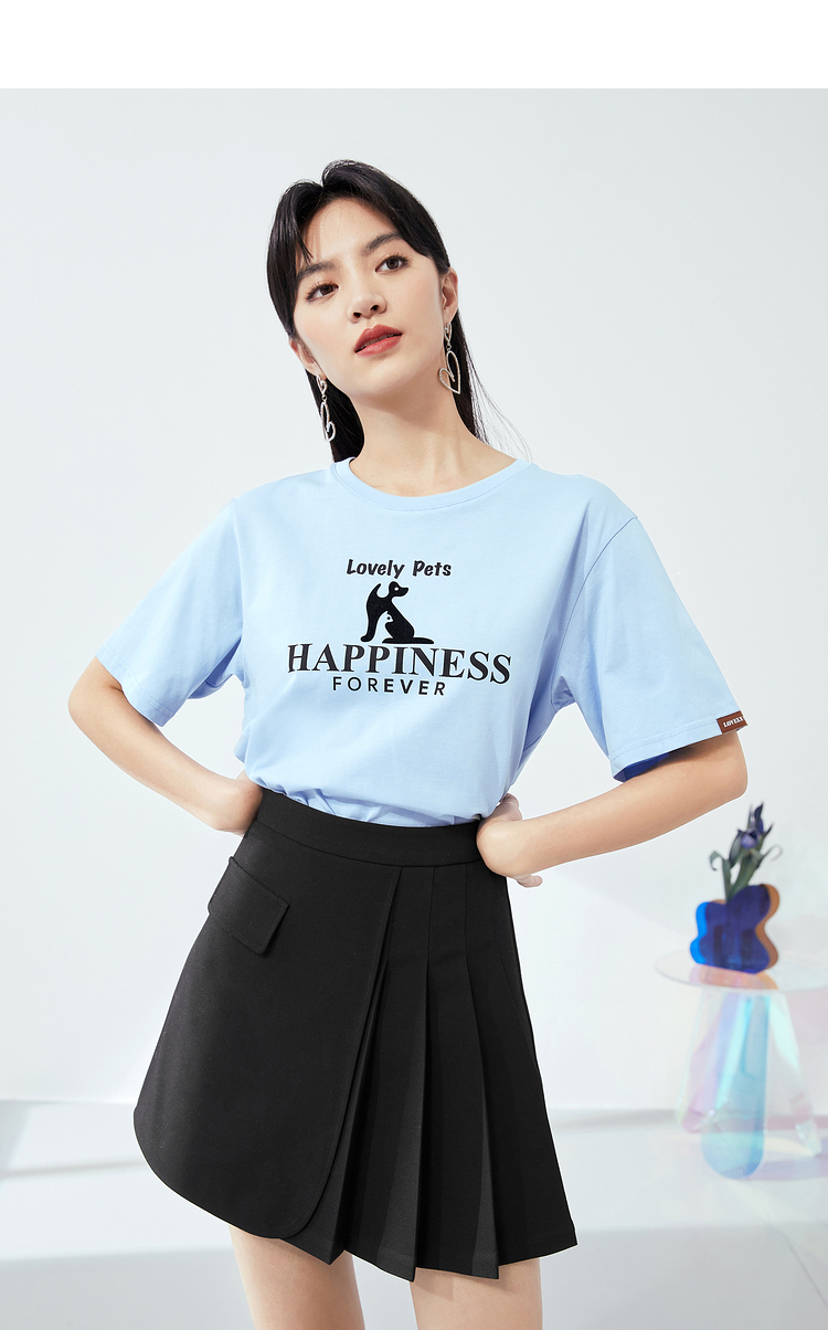 伊芙丽白色t恤女百搭打底衫2021年夏装新款短袖女衣服短款上衣女 天蓝