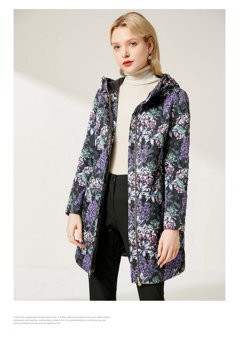 沐兰优雅印花棉衣外套2021冬季新款女士连帽撞色加厚花棉服中长款克