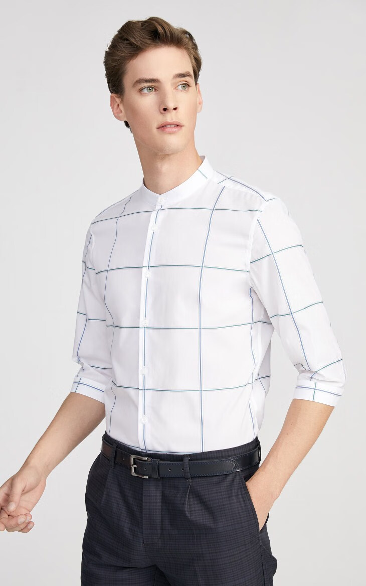 selected思莱德男士新品纯棉格纹七分袖商务休闲衬衫s420131503 白色