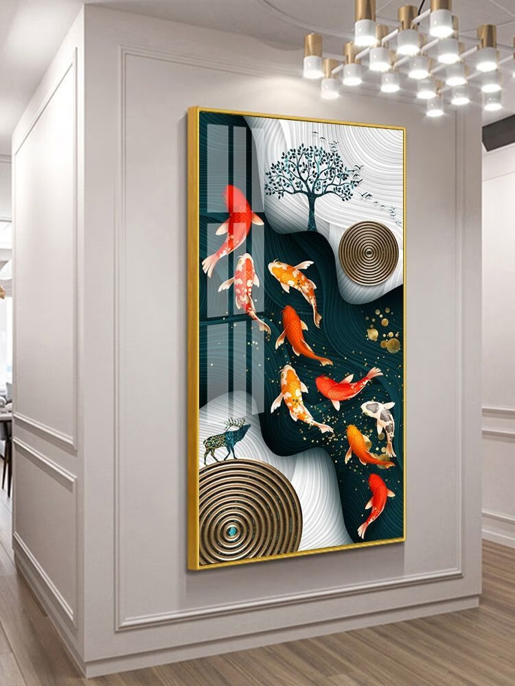 高档入户玄关装饰画走廊尽头壁画竖版旺宅挂画鱼现代简约马到成功