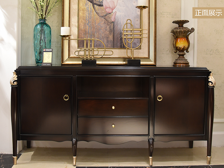 美式餐边柜轻奢餐边柜美式全实木欧式鞋柜新古典门厅玄关柜黑胡桃茶水