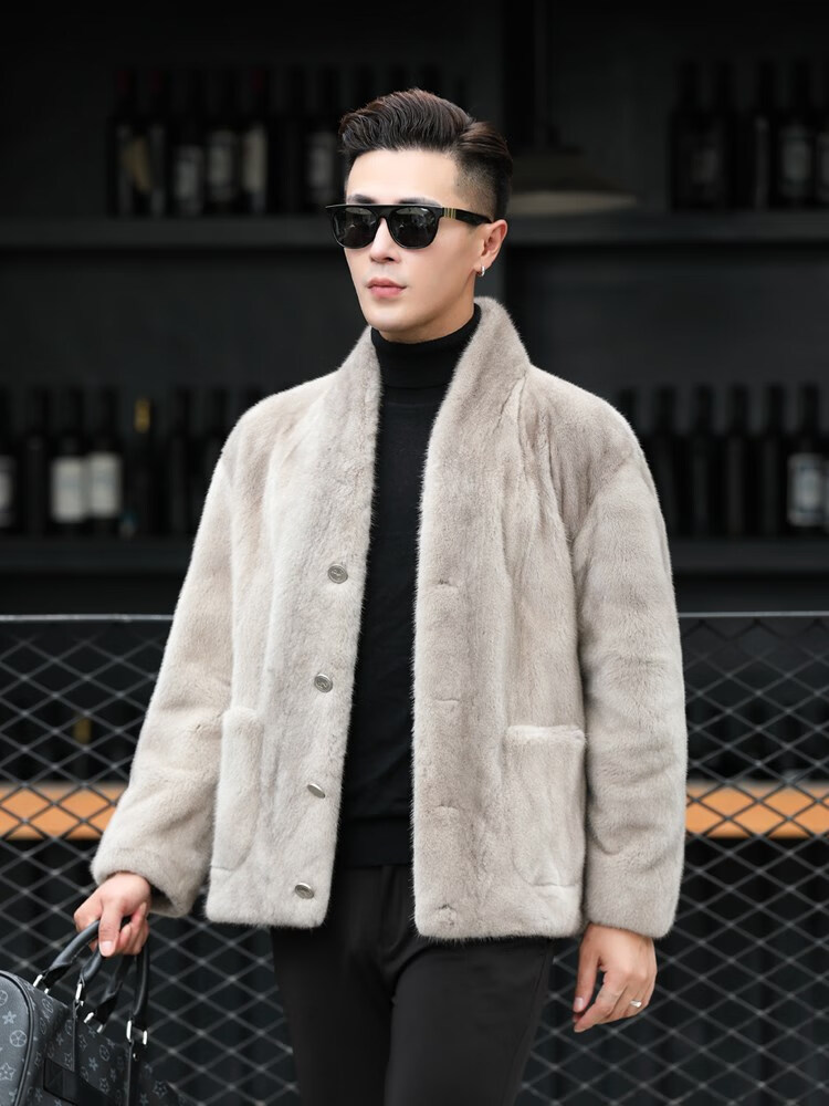 美国宝佳美 新款进口貂皮外套大衣男整貂短款无领美国天鹅绒青年时尚