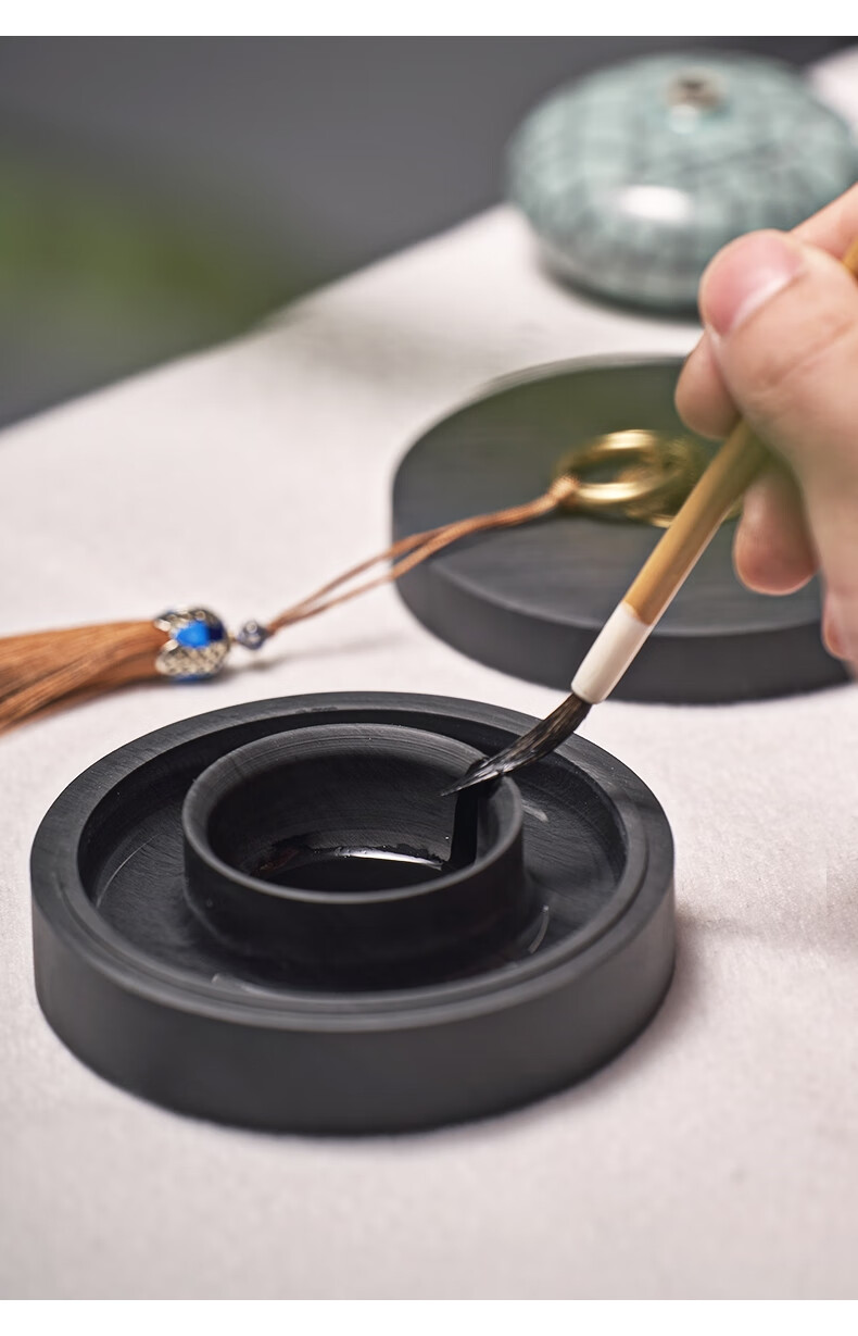 干墨砚台毛笔墨水书法专用带盖墨盒墨台墨盘磨墨素砚墨碟墨汁4寸碗砚