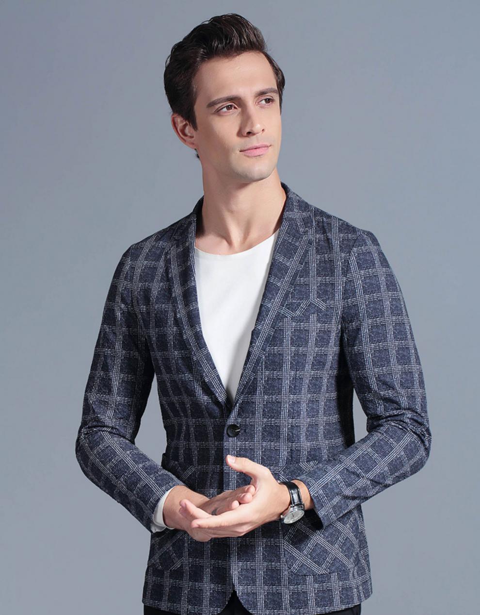 aupo轻奢品牌轻薄格子西装男潮流单粒扣单西修身休闲小西服男上衣单件