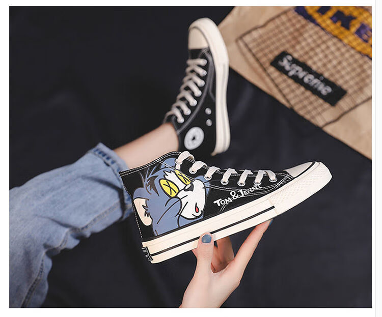 卡通猫和老鼠中大儿童高帮帆布鞋男女生春秋韩版学生涂鸦网红板鞋低帮