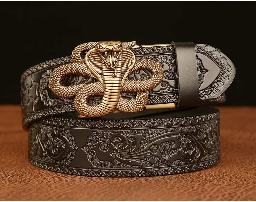jhbee-皮带眼镜蛇自动扣男士腰带牛皮个性雕花休闲牛仔裤带 4011号纹