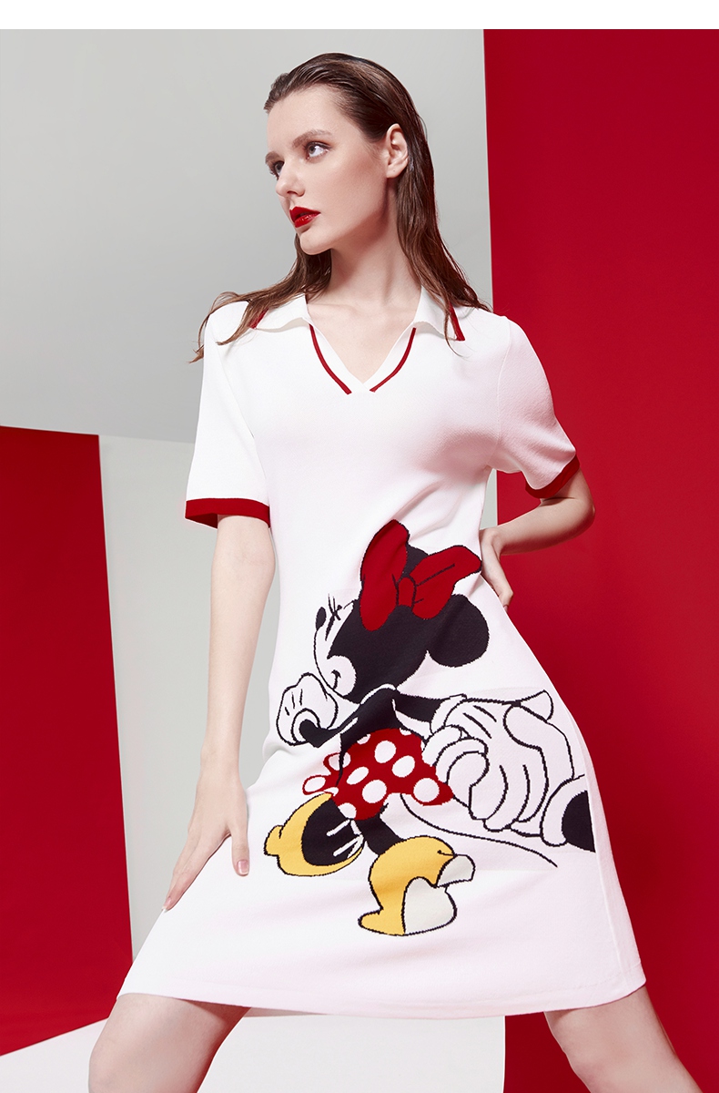 five plus新款女装迪士尼联名米妮针织连衣裙女短袖v领图案 米白010 l