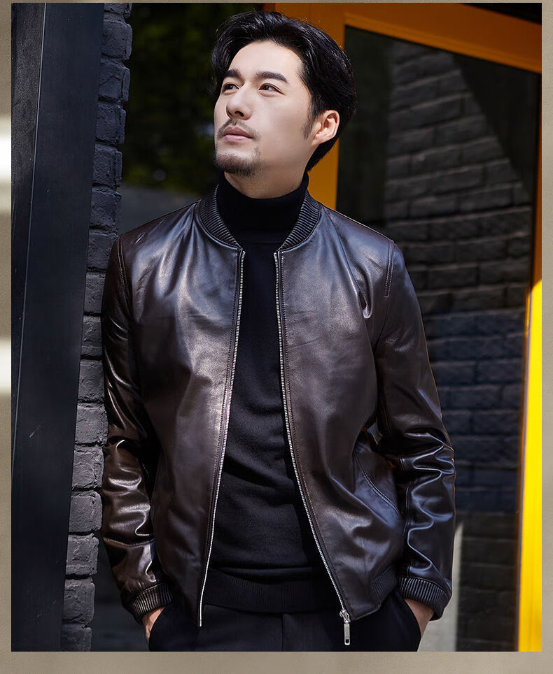 真正皮皮衣男修身韩版潮流青年飞行皮夹克海宁绵羊皮棒球领黑色款式