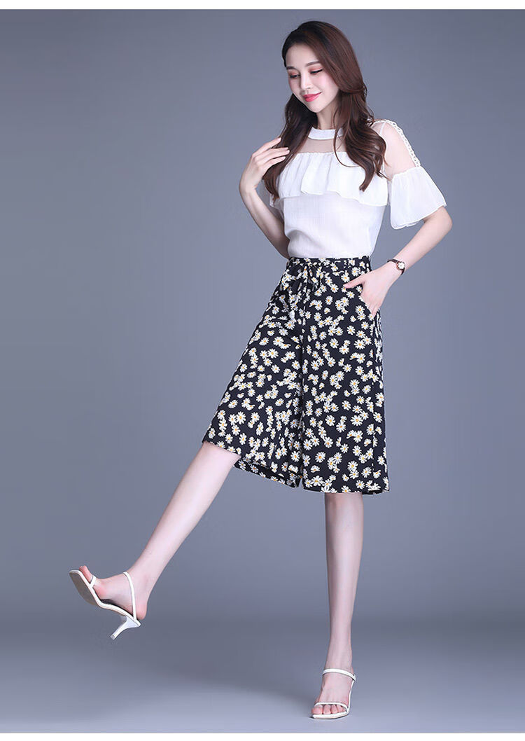 雪纺五分裤女夏新款碎花裤裙垂感宽松阔腿裤高腰休闲中裤薄款裙裤 7号