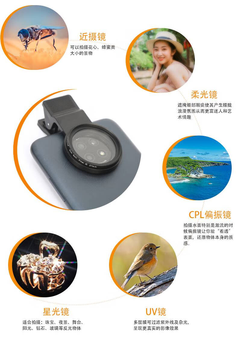 行涉手机滤镜37mm偏振镜cpl星光镜468线uv镜柔光朦胧镜近摄镜微距安卓