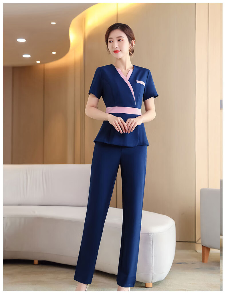 新款美容院工作服美容师服装秋季spa养生馆女足浴技师服套装 粉色短袖