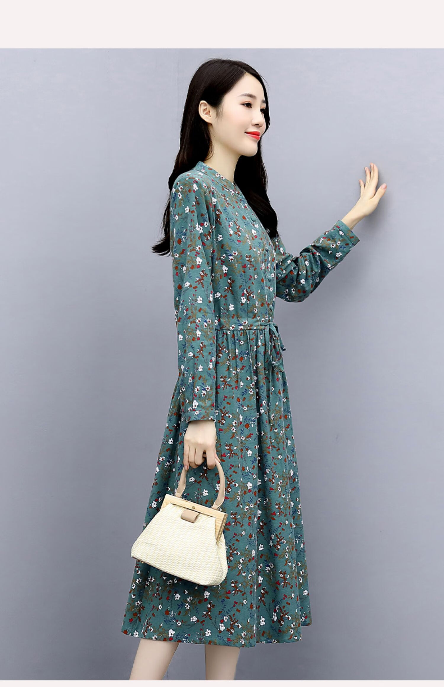 中长款棉麻碎花连衣裙2021春秋新款收腰气质显瘦洋气长袖亚麻裙子 玫