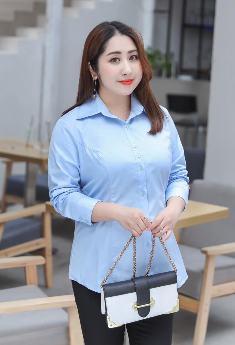 ol正装胖200斤长袖白衬衫春秋季加肥加大码女装宽松显瘦职业装工作服