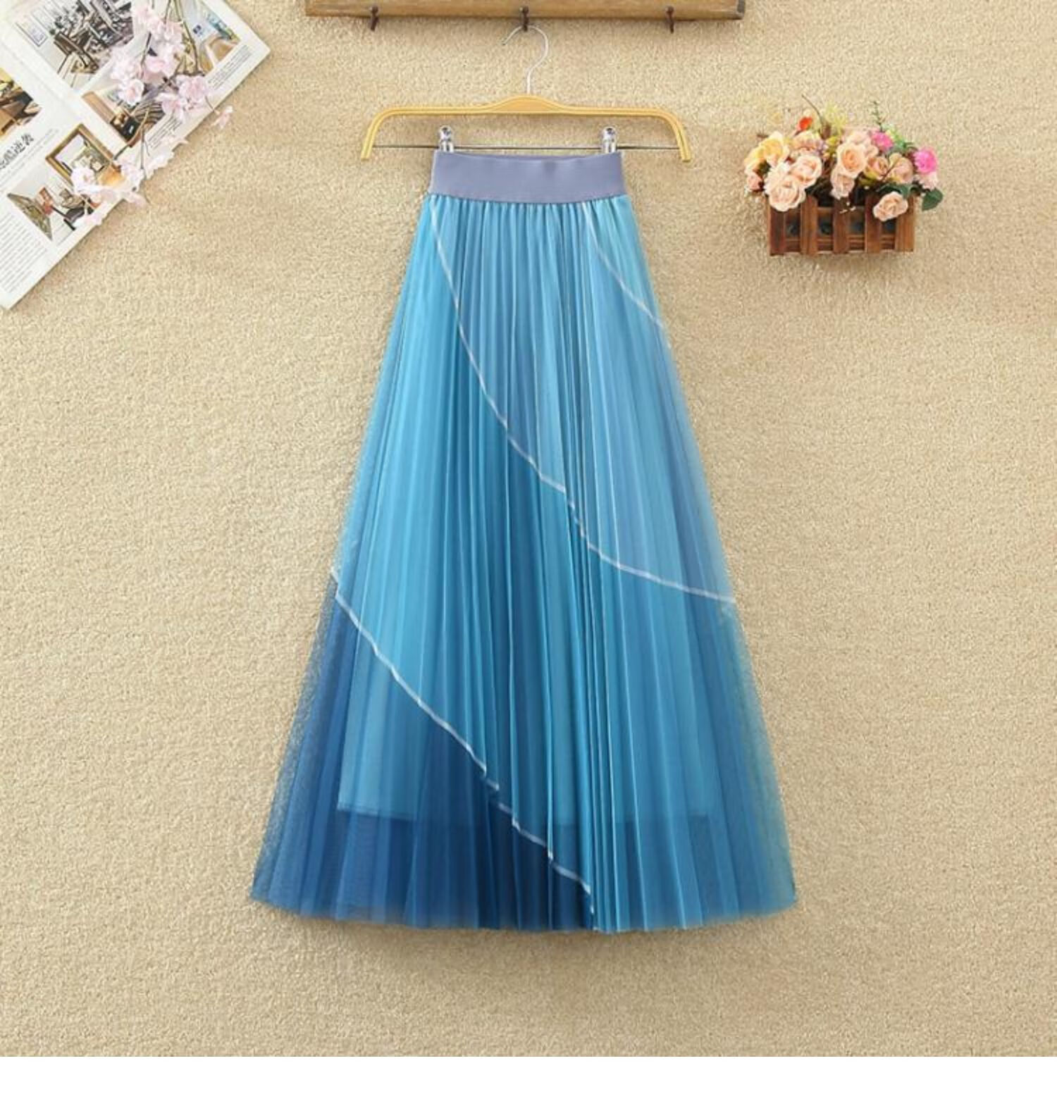 网纱裙半身裙早春松紧腰显瘦垂感撞色拼接a字中长款百褶裙长裙女黑色